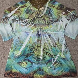 Live and Let Live Peacock Feather Embellished Tunic Top XL Boho Artsy